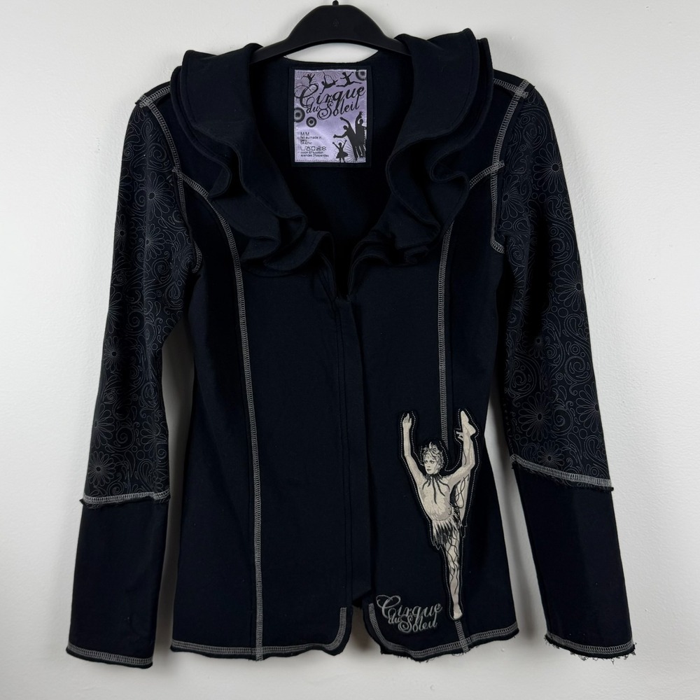 Cirque Du Soleil Jacket Womens Medium Black Ruffle‎ Collar Zip Front Performer